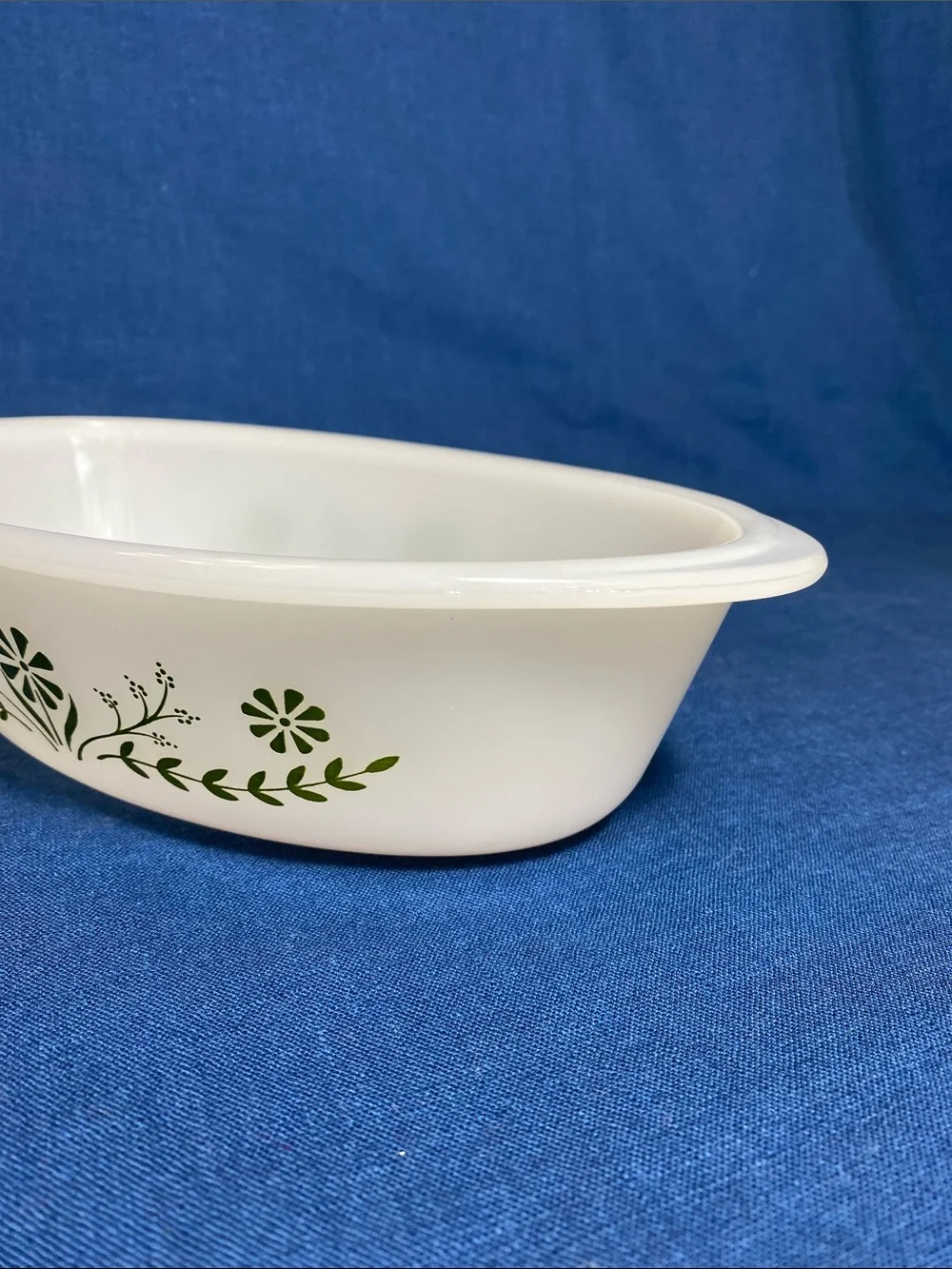 Glasbake Milk Glass Oval 1 quart Casserole Dish with Green Crazy Daisy Border